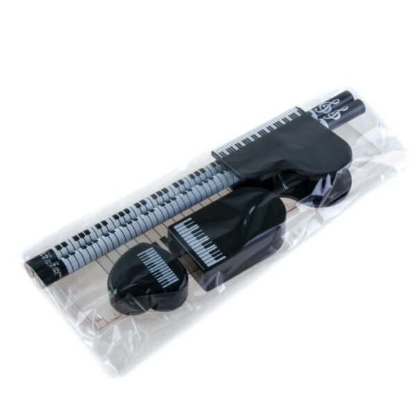 Set teclado piano con 2 lápices, regla, goma, sacapuntas y pinza
