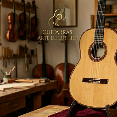 Guitarra acústica y electrica artesanal de luthier en soporte de madera dentro de un taller de lutería profesional con violines al fondo y texto dorado "GUITARRAS ARTE DE LUTHIER"