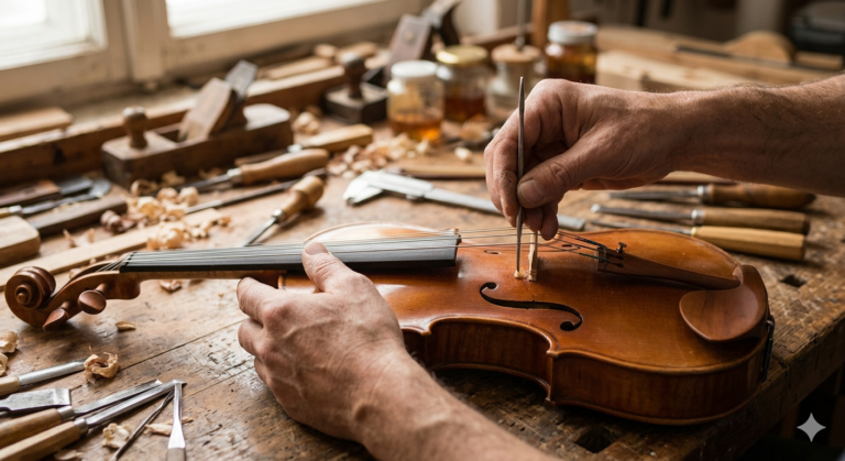 Luthier profesional ajustando el puente de un violín artesanalmente.
