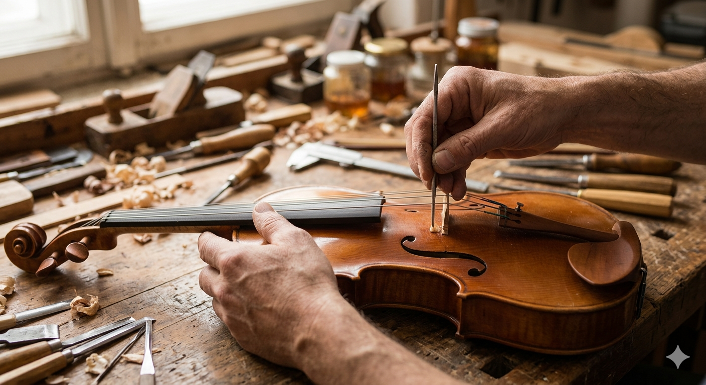 Luthier profesional ajustando el puente de un violín artesanalmente.