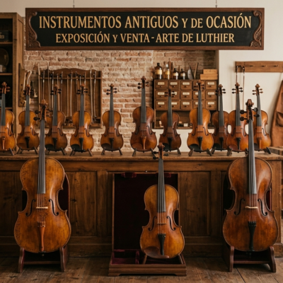 Exposición de instrumentos de cuerda antiguos y de ocasión en el taller de Arte de Luthier, incluyendo violonchelos, violines y violas sobre mesa de luthier.